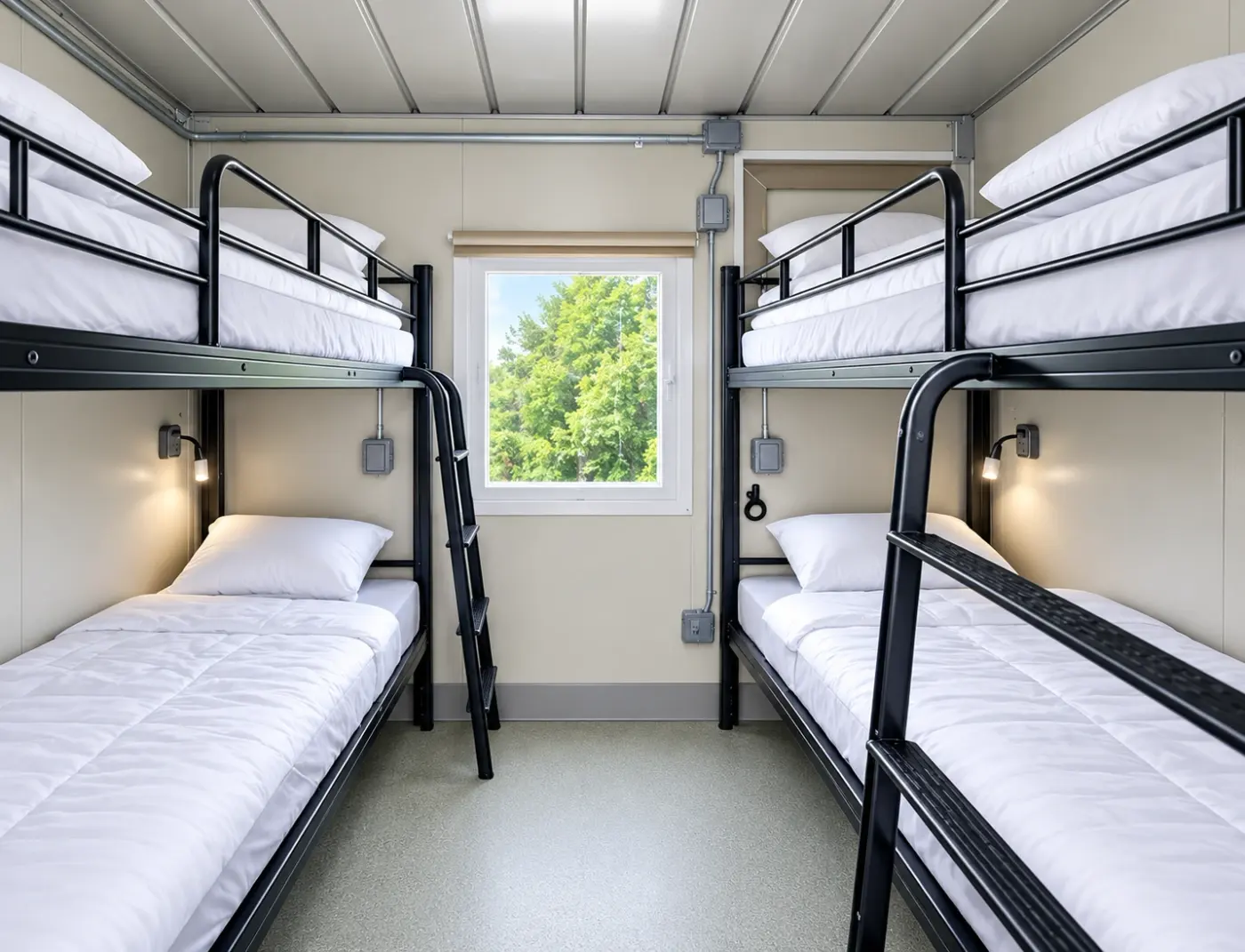 Four-bed interior of a 20ft accommodation unit