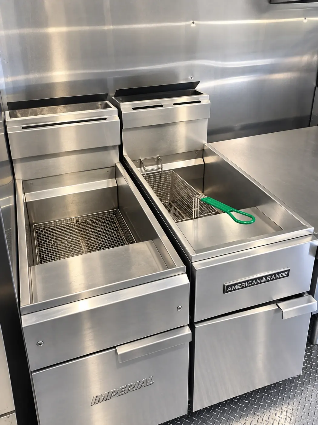 Commercial fryers in a 26ft baby bulk kitchen trailer
