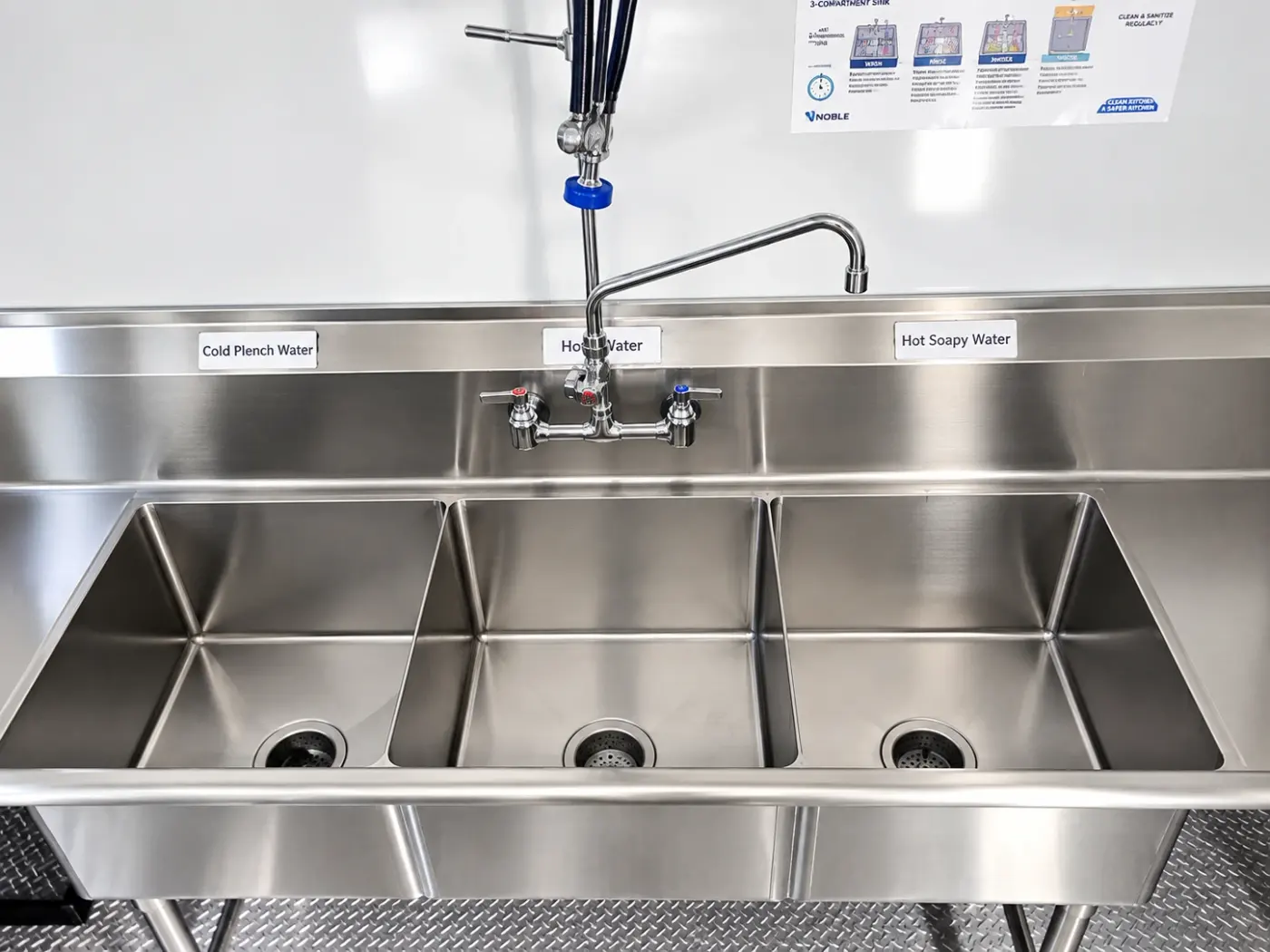 Wash, rinse and sanitize sink in a dishwashing trailer