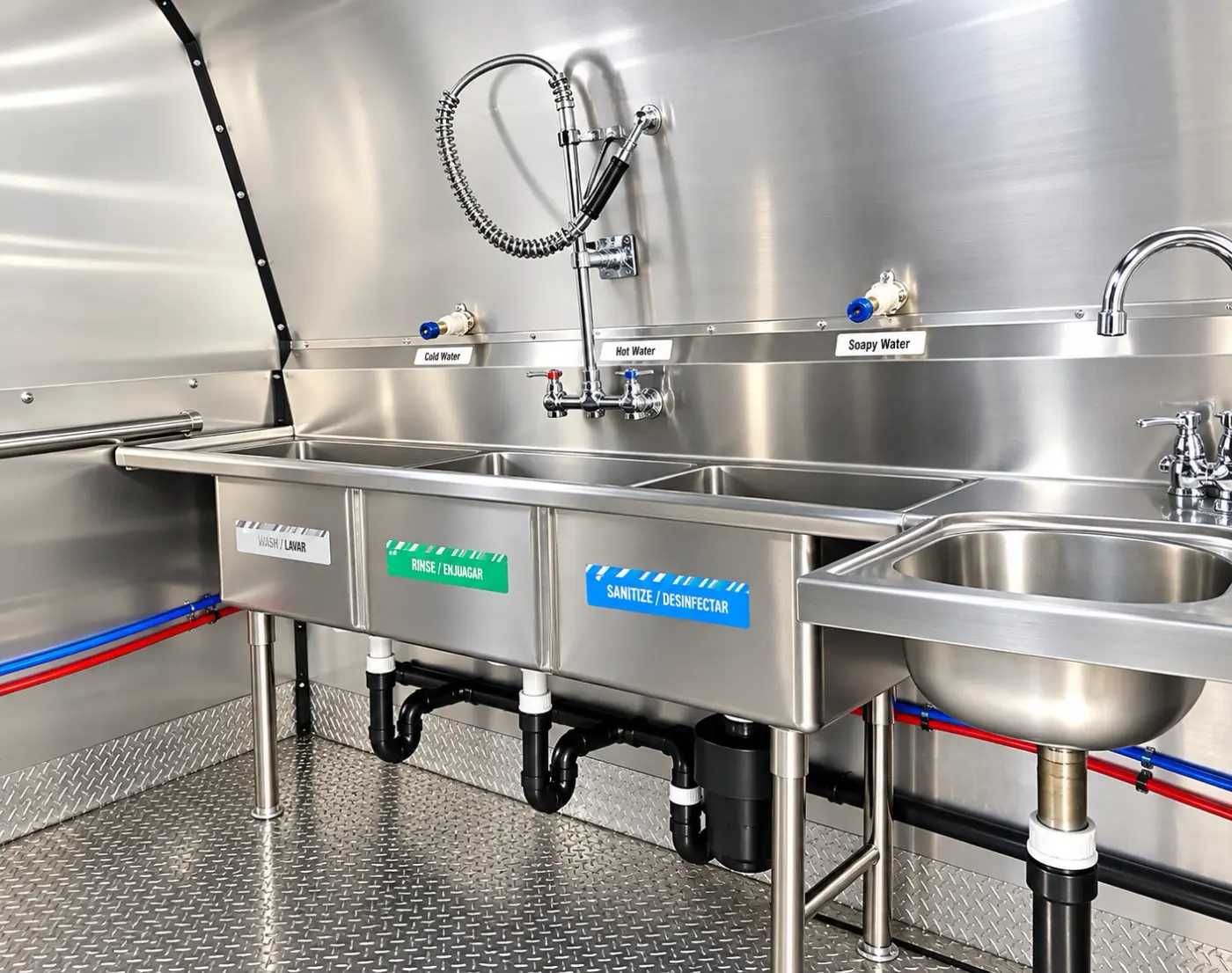 Three-compartment sink in a low-temperature dish trailer