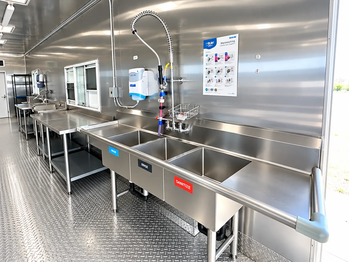 Full interior of a 38ft conveyor dishwashing trailer