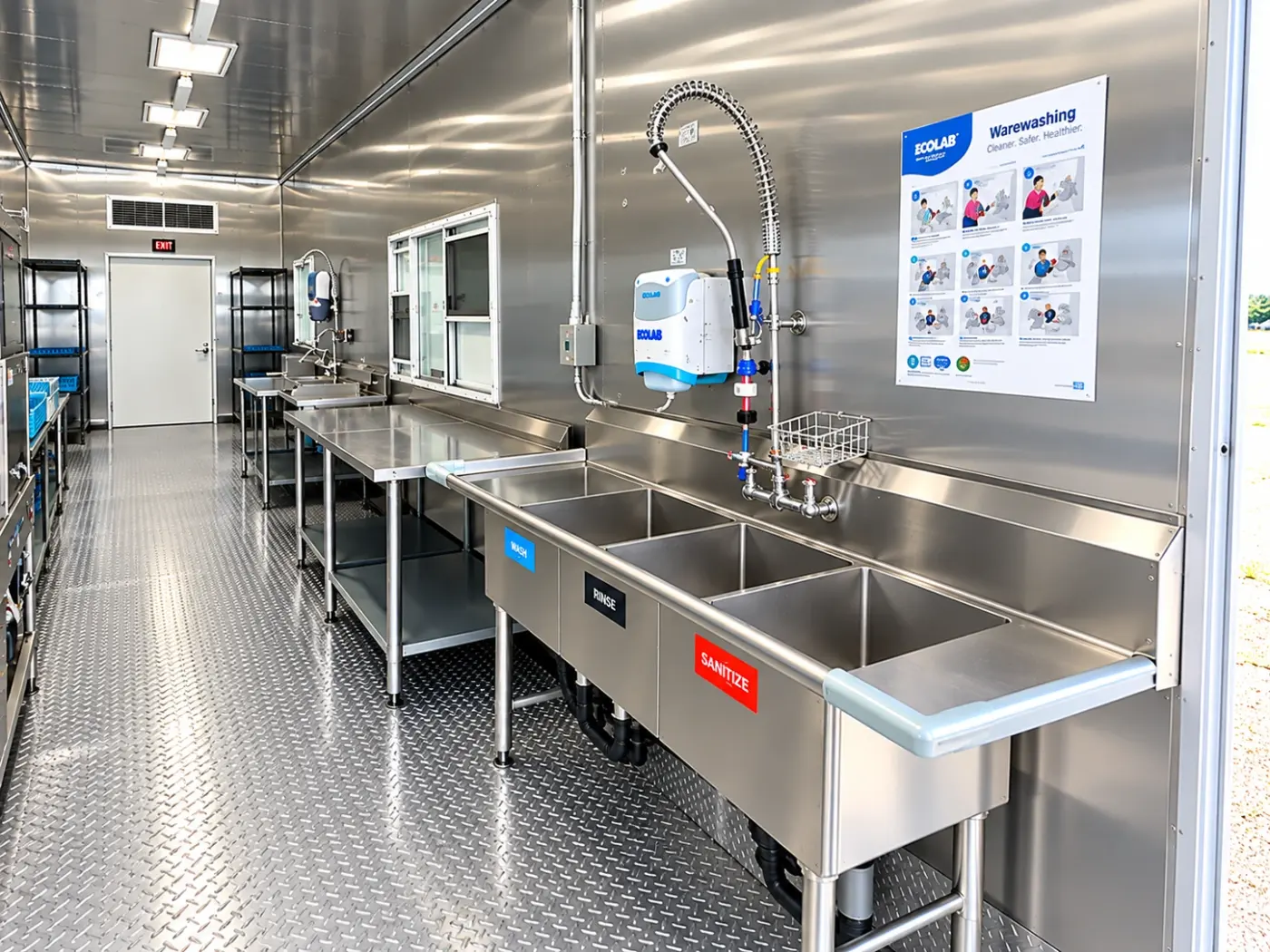Dishwasher work area of a 38ft high-temperature conveyor dish trailer