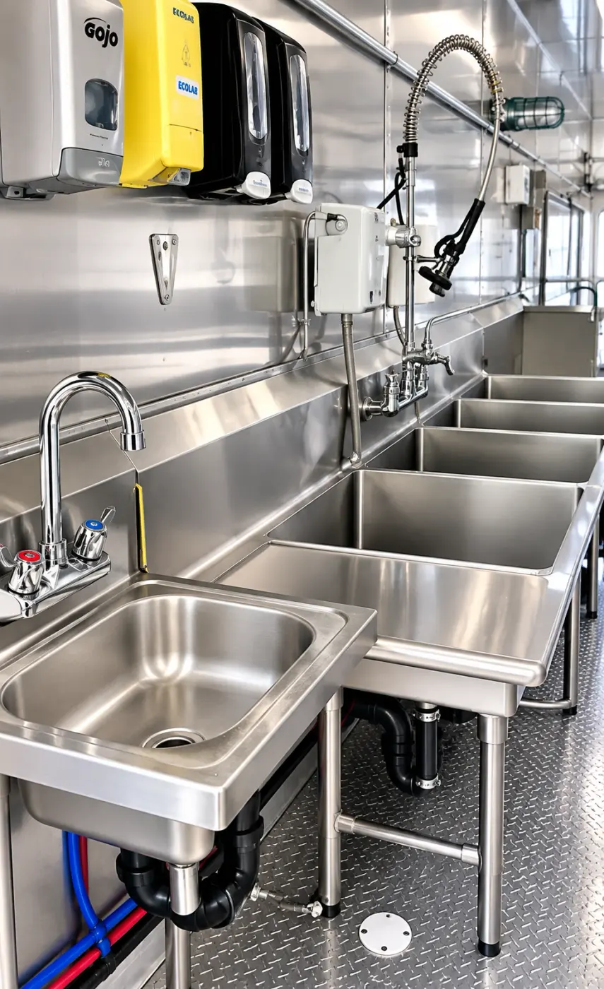 Sink and pre-rinse station in a 38ft low-temperature dish trailer