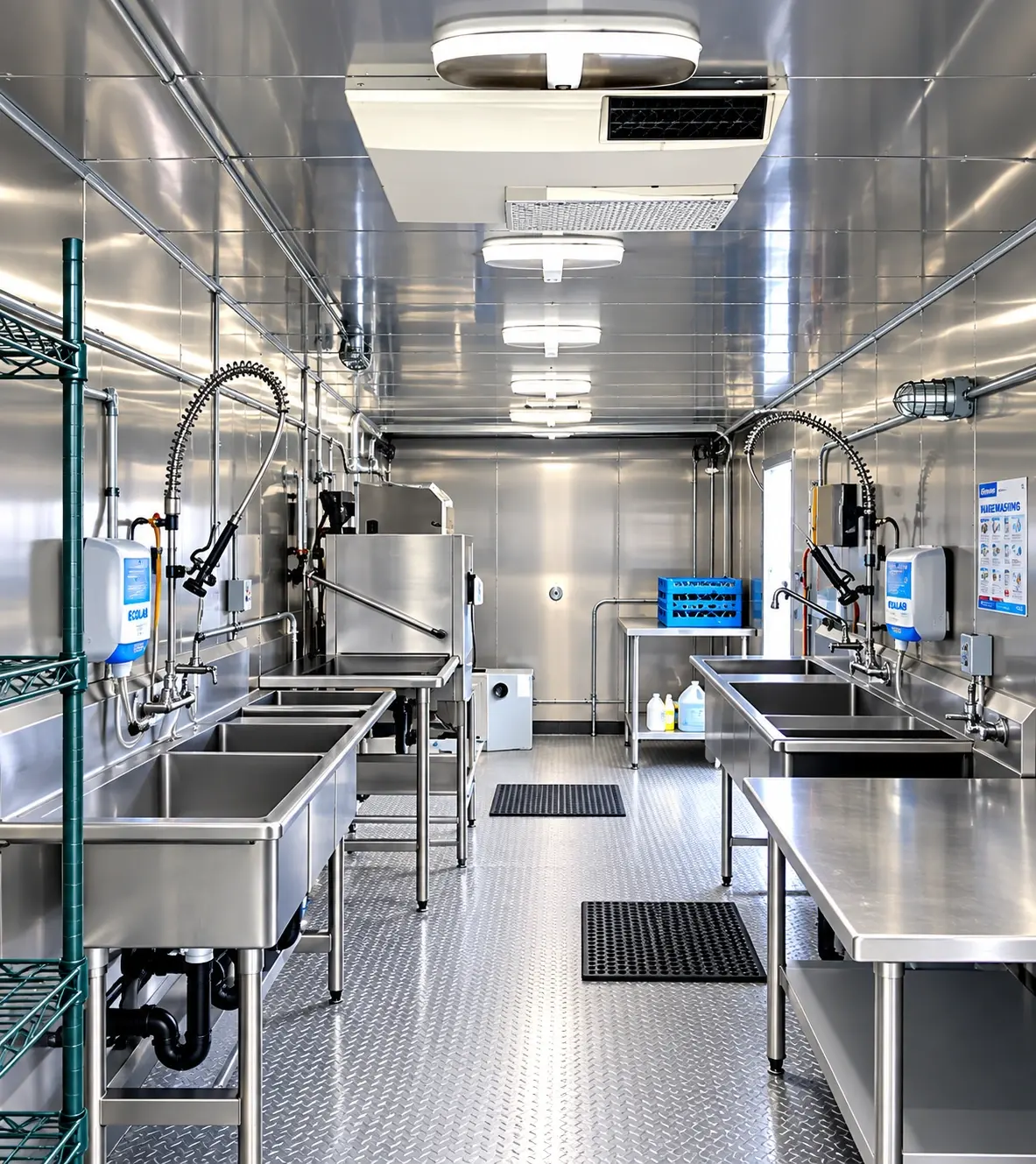 Storage shelving in a 38ft low-temperature dish trailer