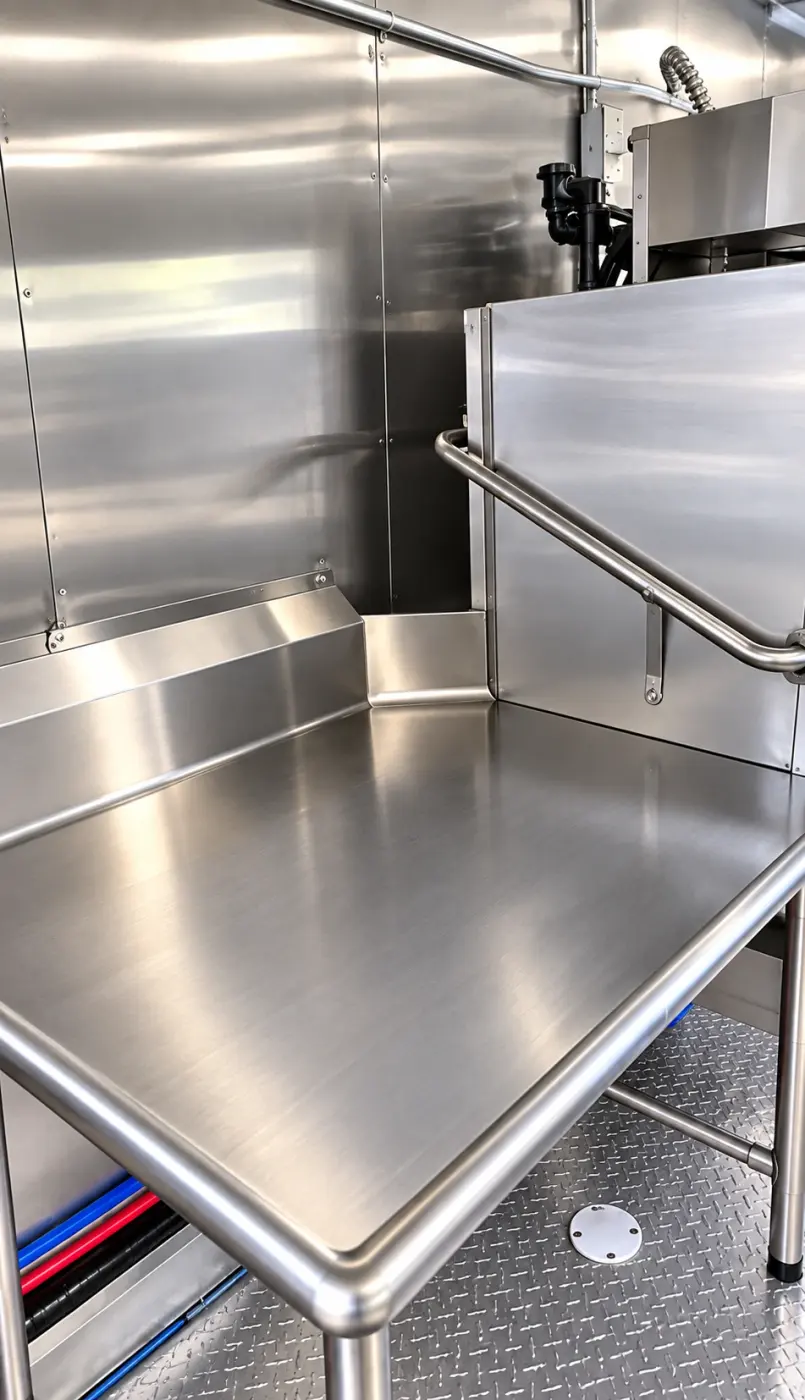 Stainless steel work table in a 38ft low-temperature dish trailer