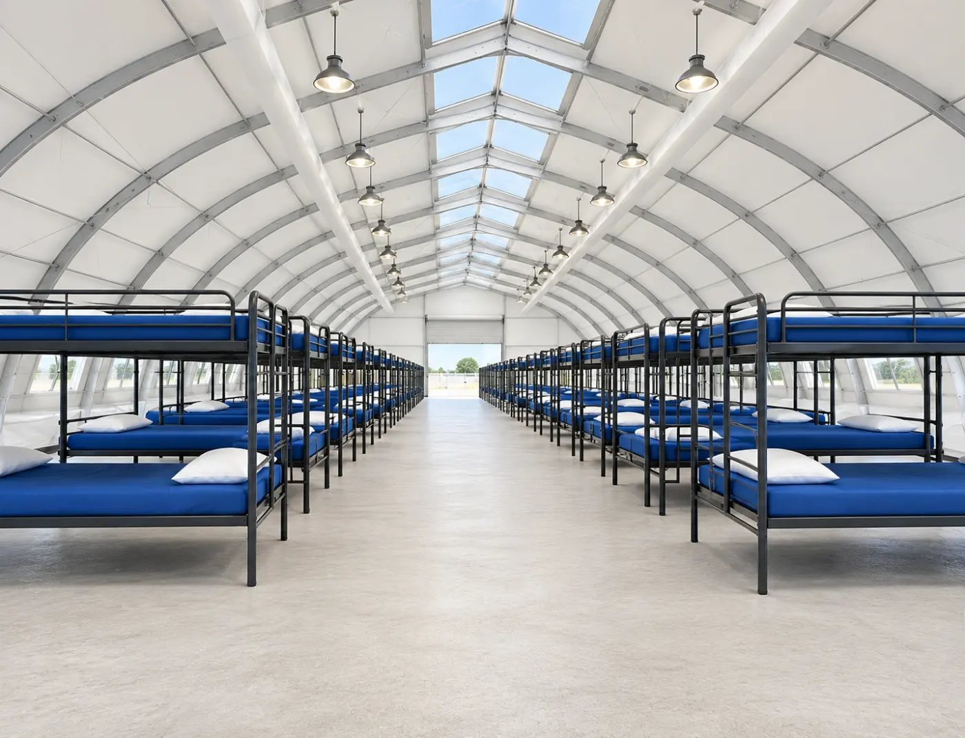Temporary sleeping facility with blue-bedded bunk beds