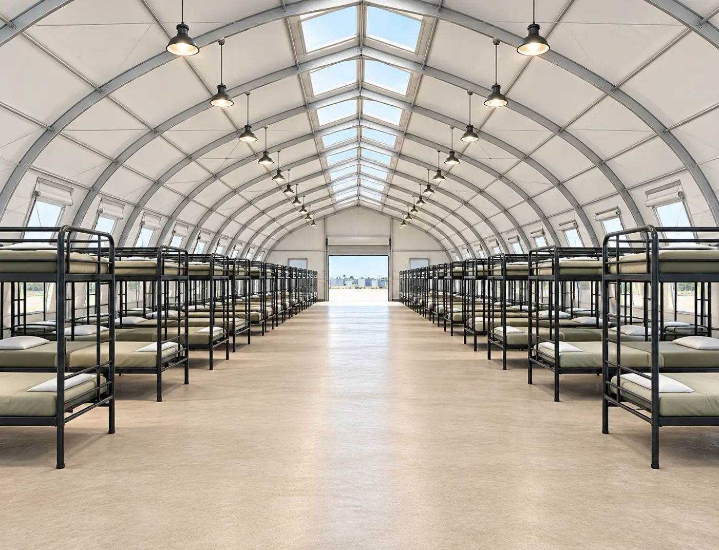 Large temporary sleeping hall with rows of bunk beds