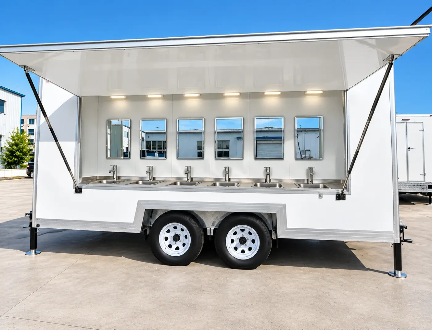 Mobile handwashing station trailer with open service panel