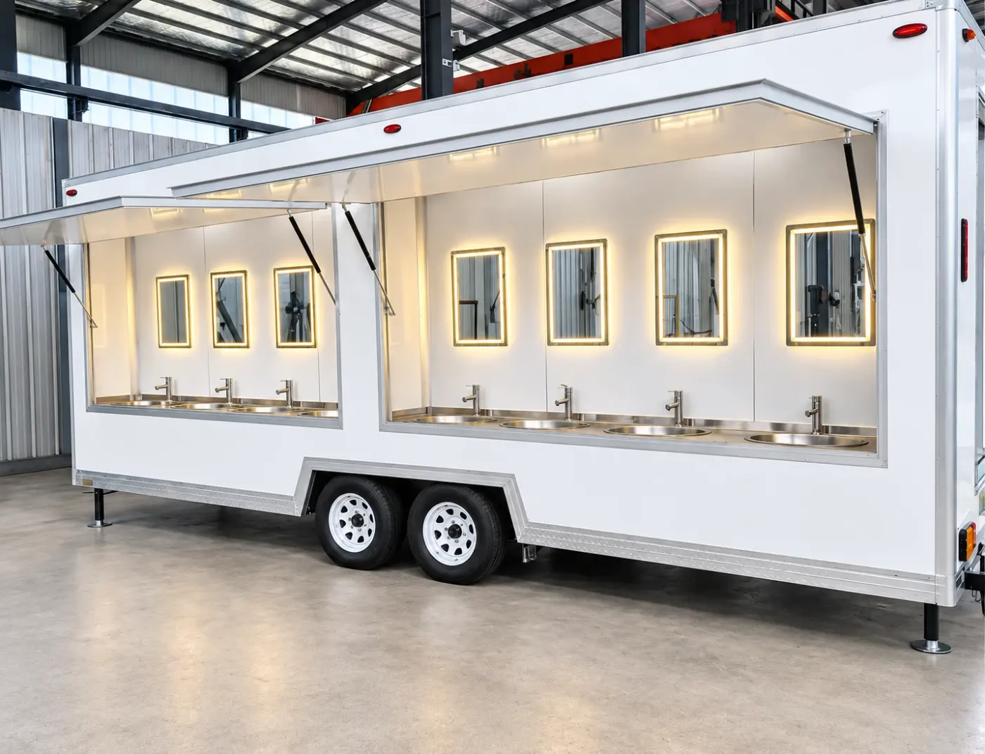Six-station handwashing sink trailer with its side panel open