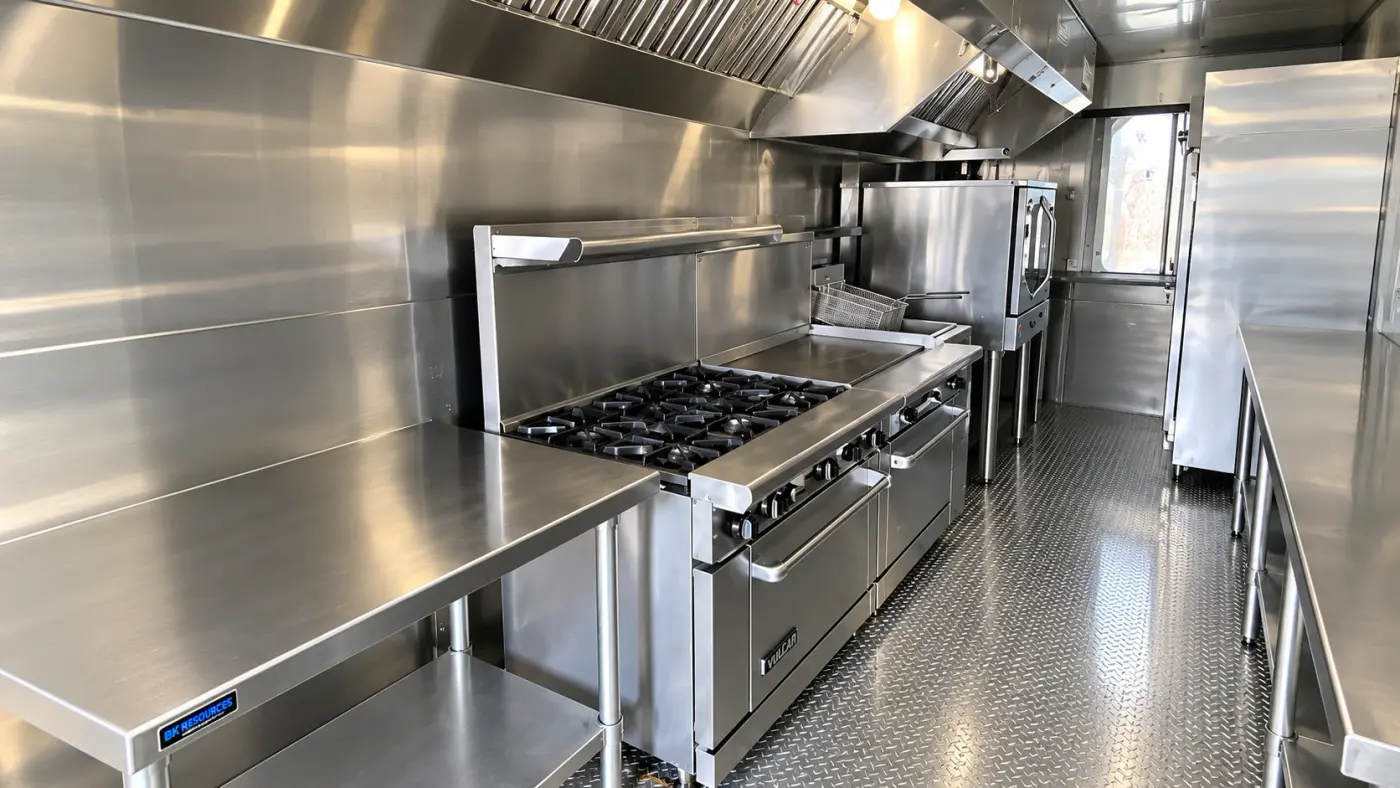 Cooking line inside a 28ft commercial mobile kitchen
