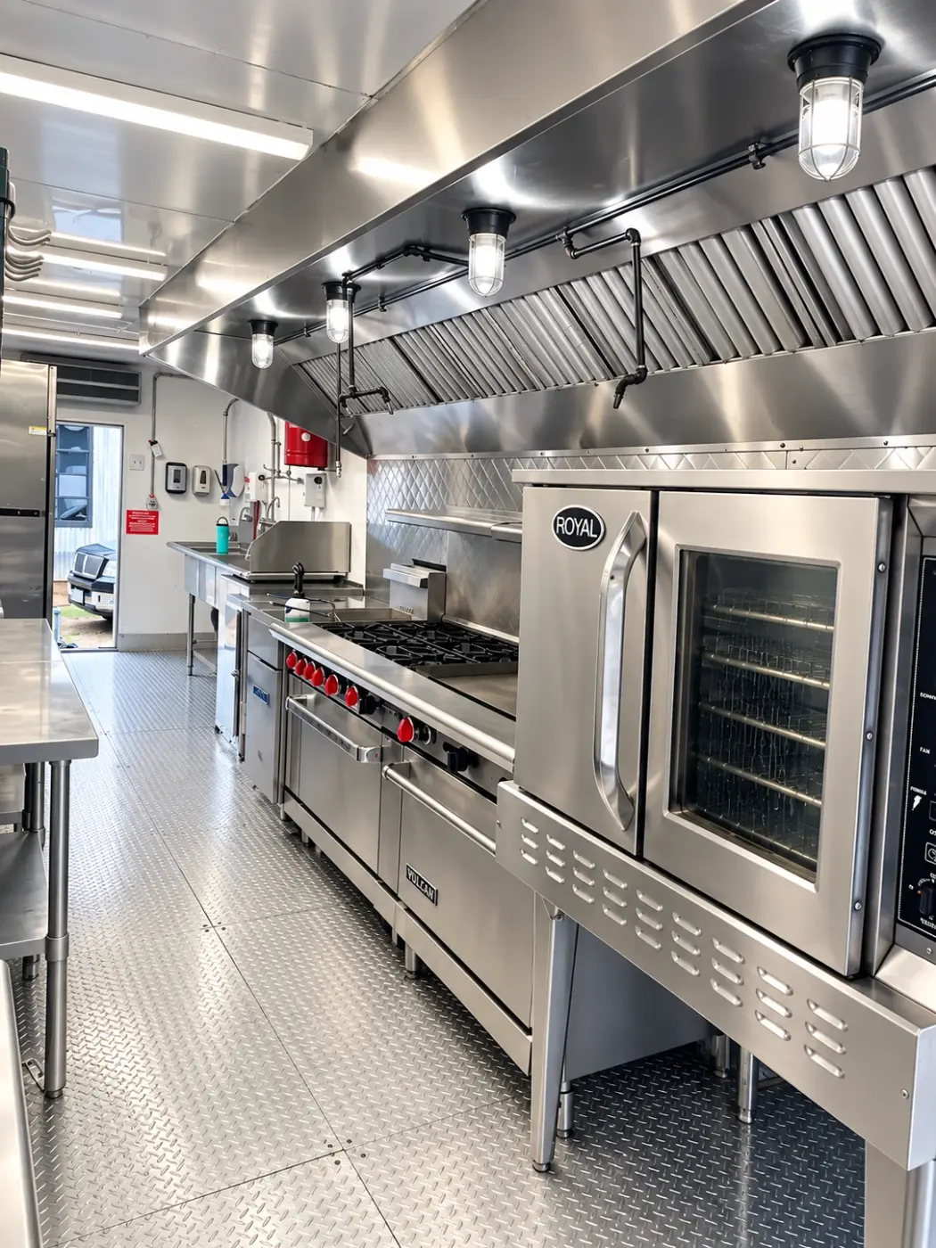 Range, oven and exhaust hood inside a 28ft commercial kitchen trailer