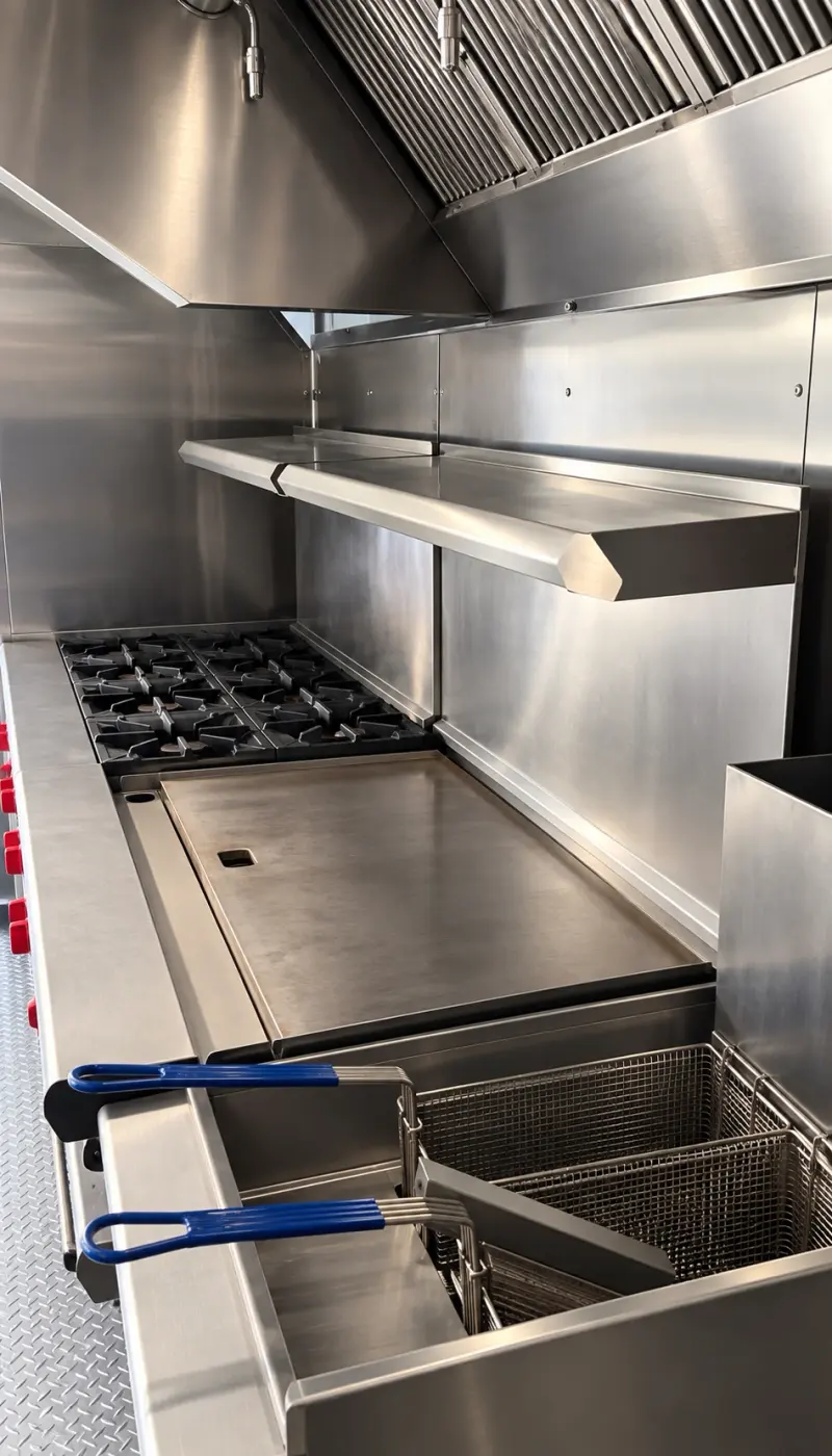 Griddle, range and deep fryer in a 40ft commercial kitchen trailer