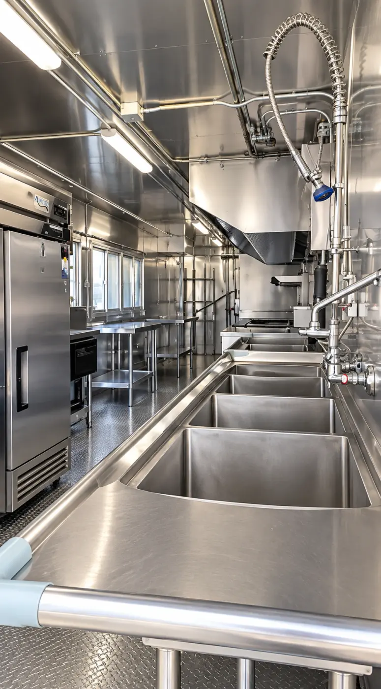 Three-compartment wash sink in a 40ft commercial kitchen trailer