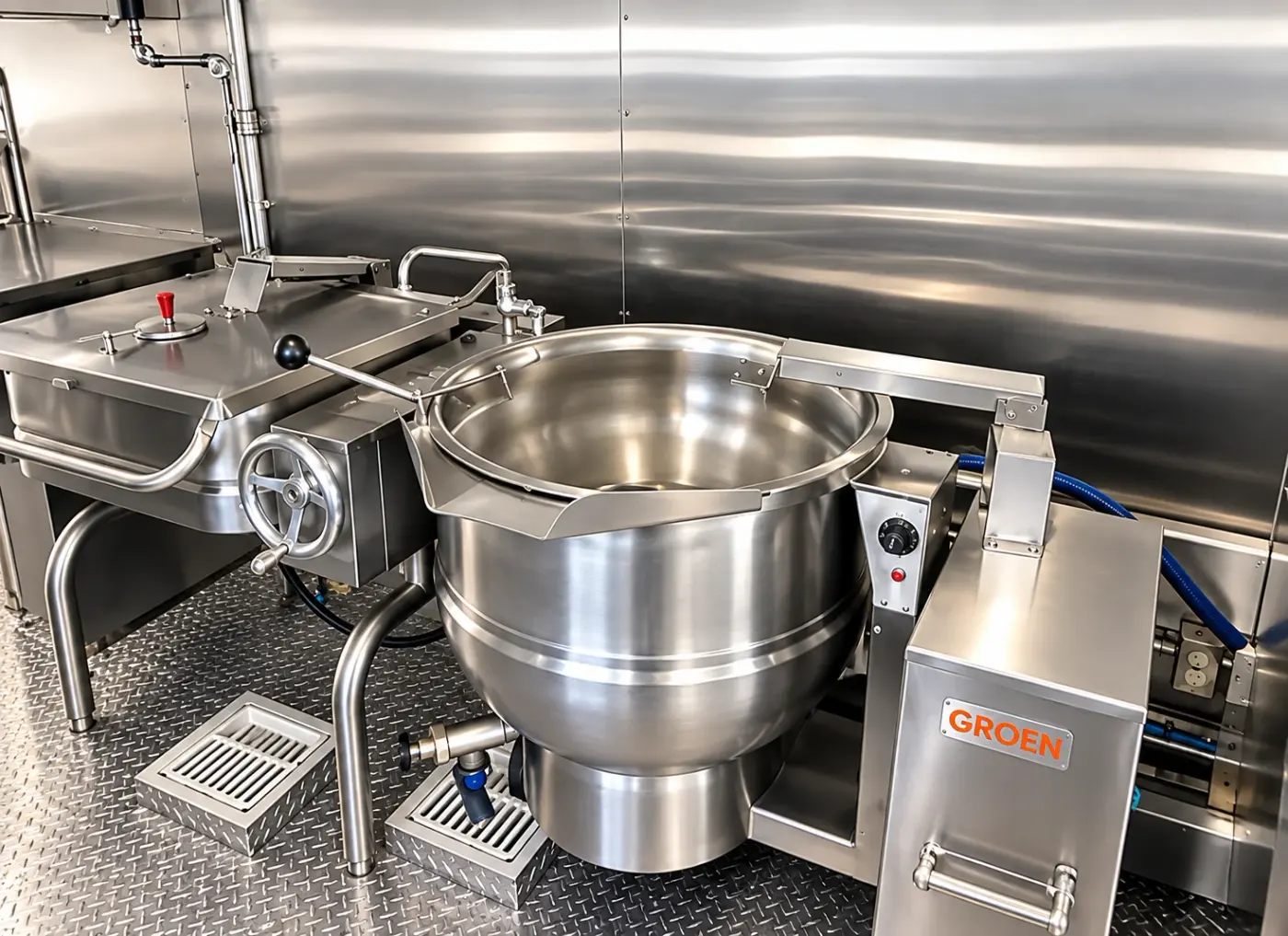 Steam-jacketed kettle and tilting skillet in a 40ft bulk kitchen
