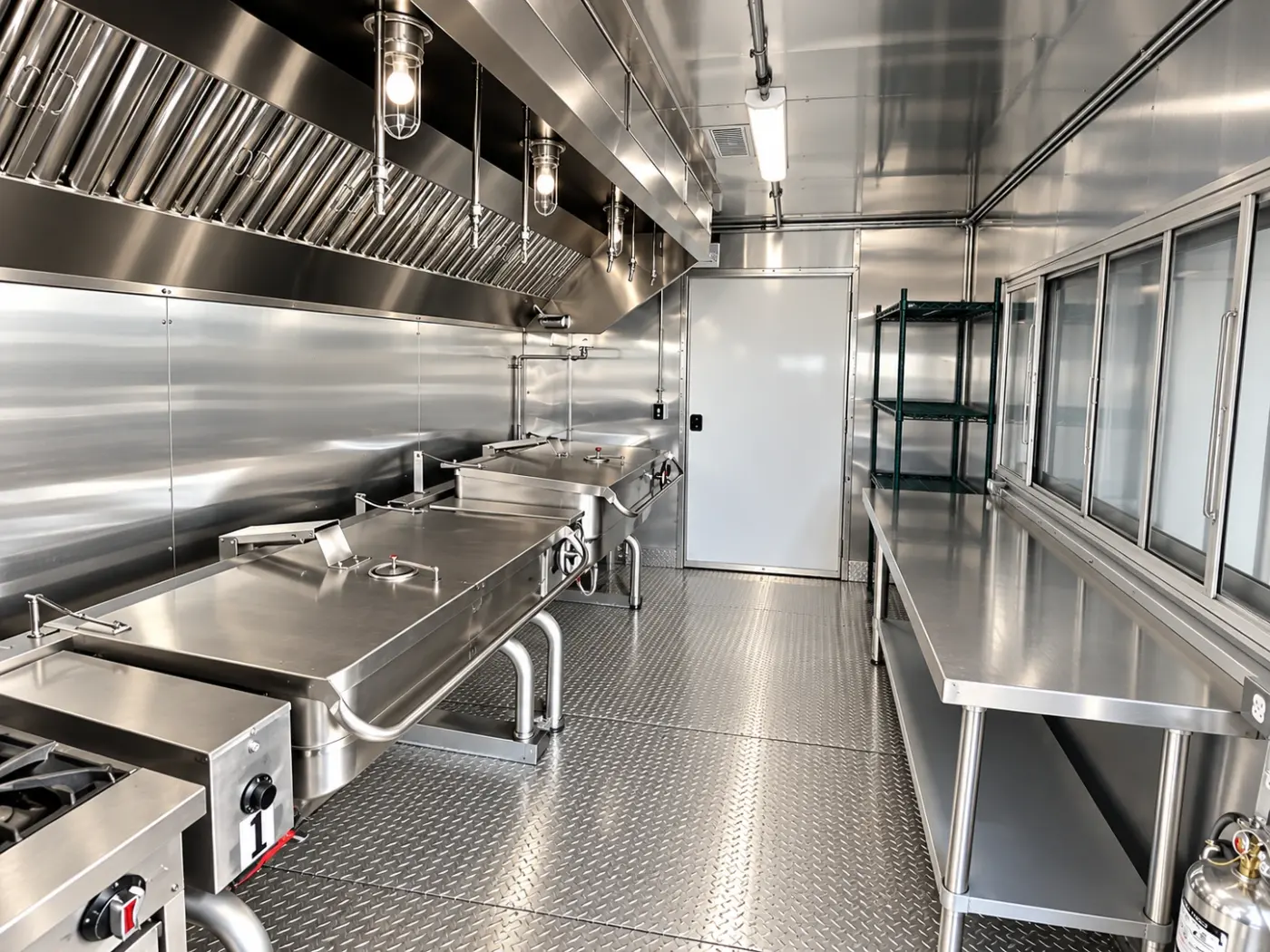 Tilting skillets and prep area in a 40ft bulk kitchen trailer