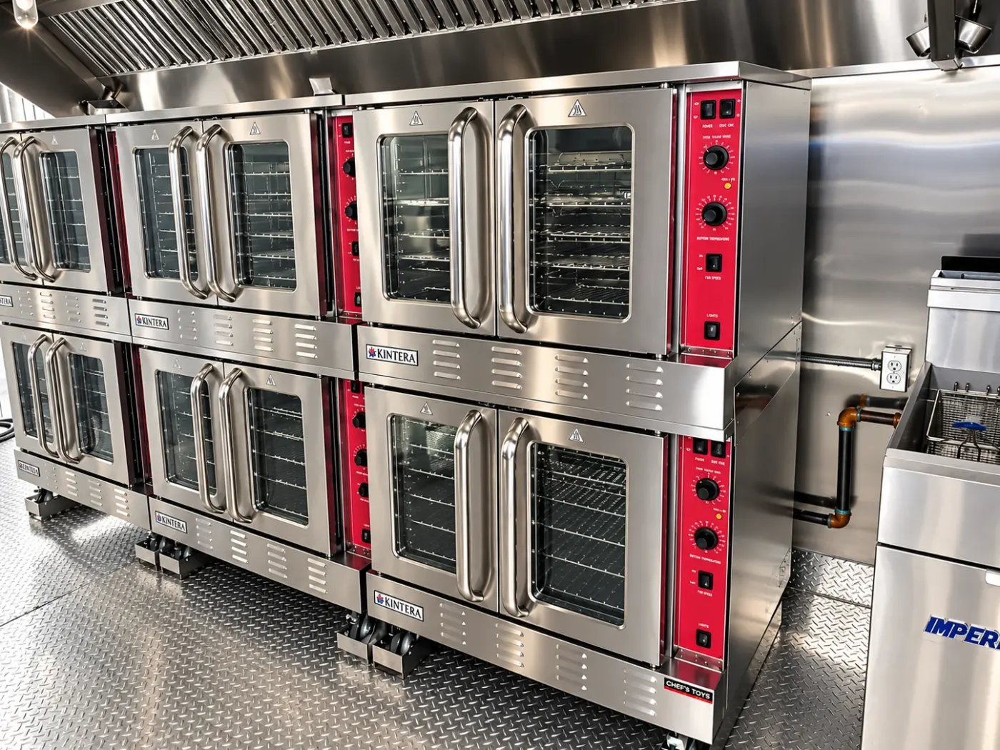 Stacked commercial convection ovens in a 40ft bulk combo kitchen
