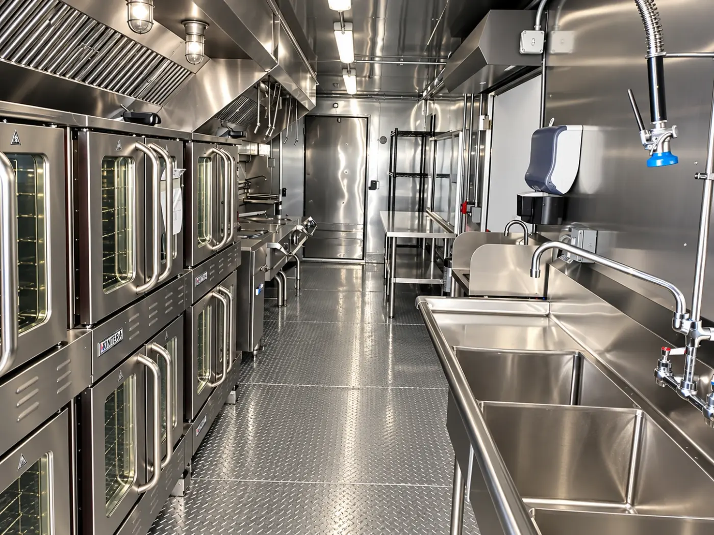 Ovens, wash station and prep area in a 40ft bulk combo kitchen
