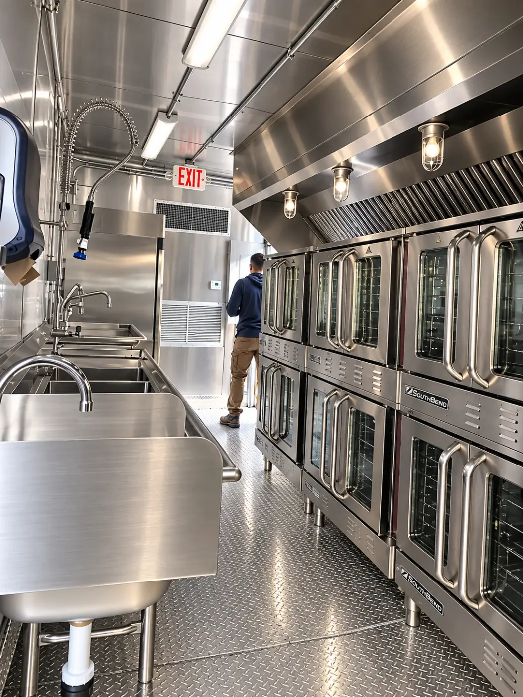 Stainless steel cooking facility inside a 40ft bulk combo kitchen trailer