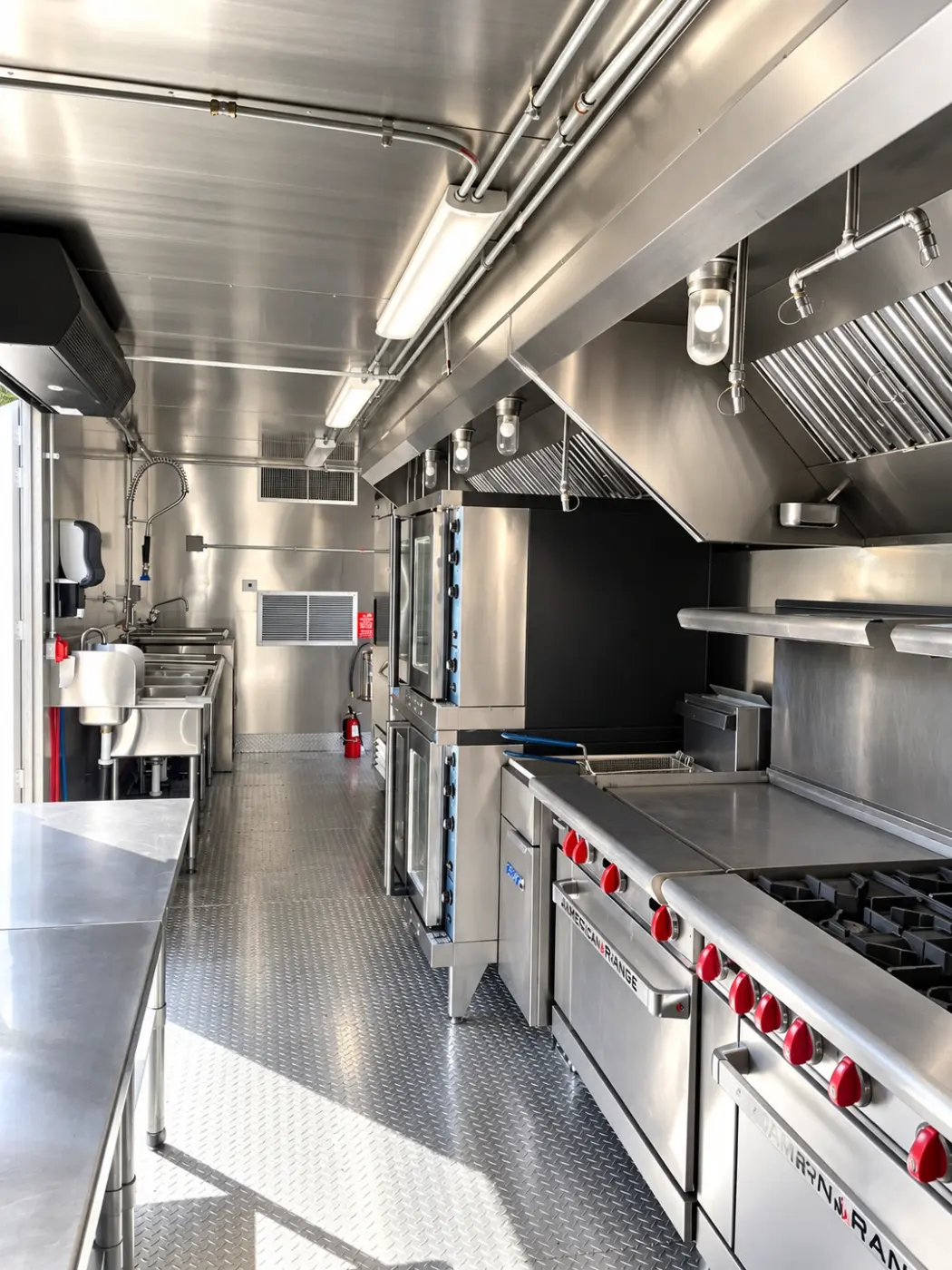 Cooking line and ventilation in a 40ft mobile combo kitchen
