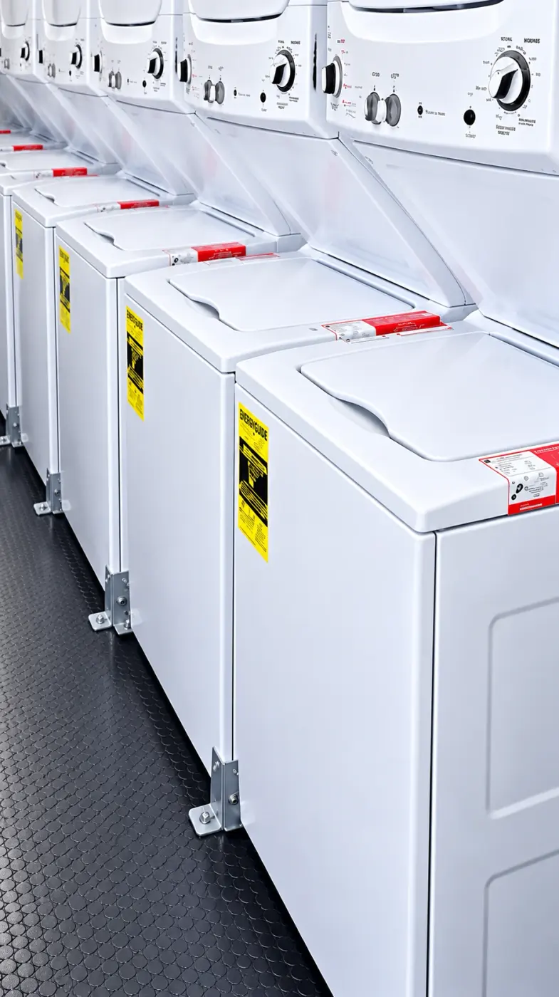 Commercial washing machines inside a 24ft laundry trailer