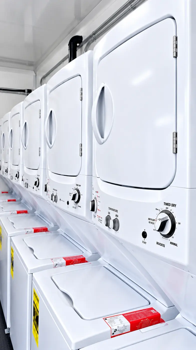 Stacked washers and dryers inside a 24ft laundry trailer
