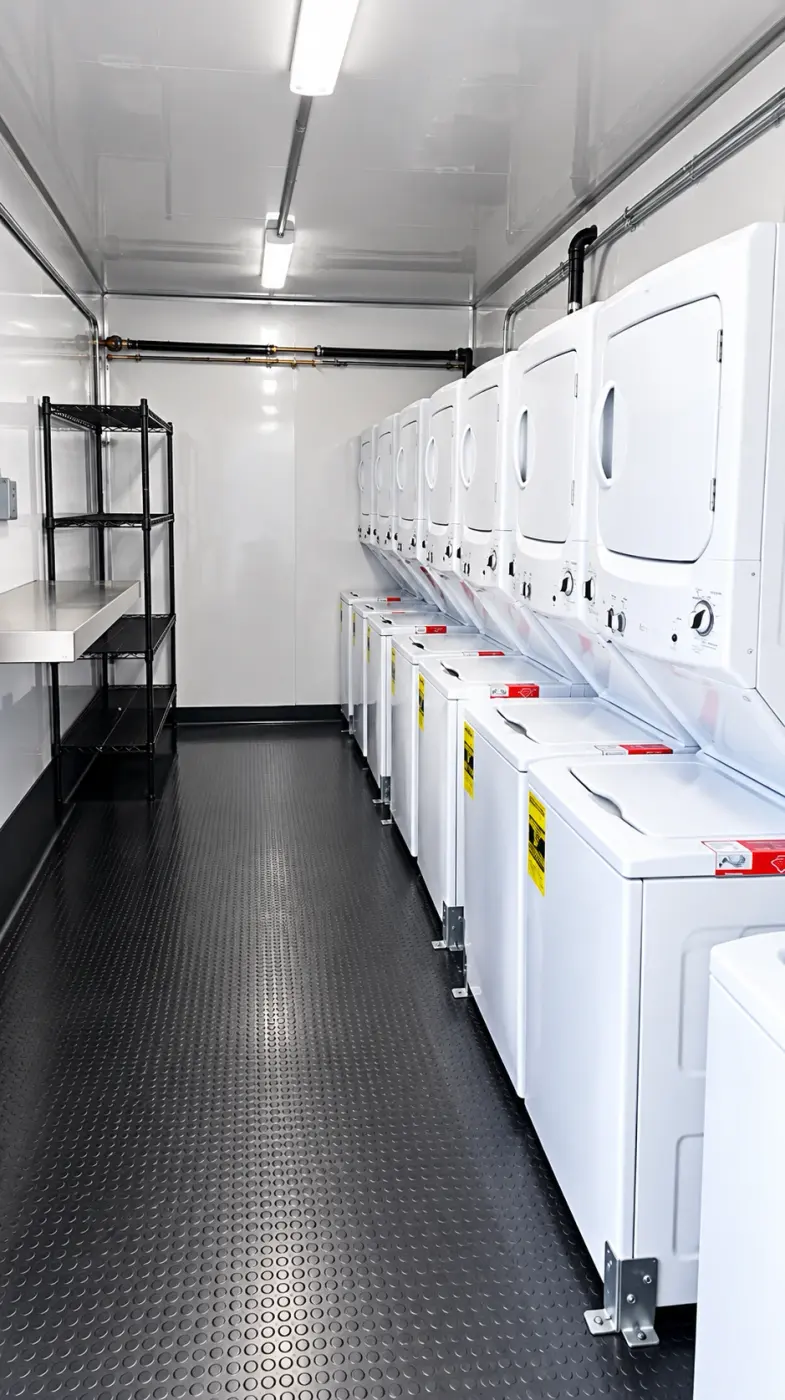 Long row of washers and dryers inside a laundry trailer