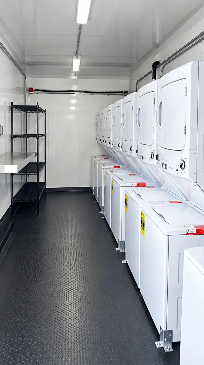 Commercial washers and dryers lining a 30ft laundry trailer