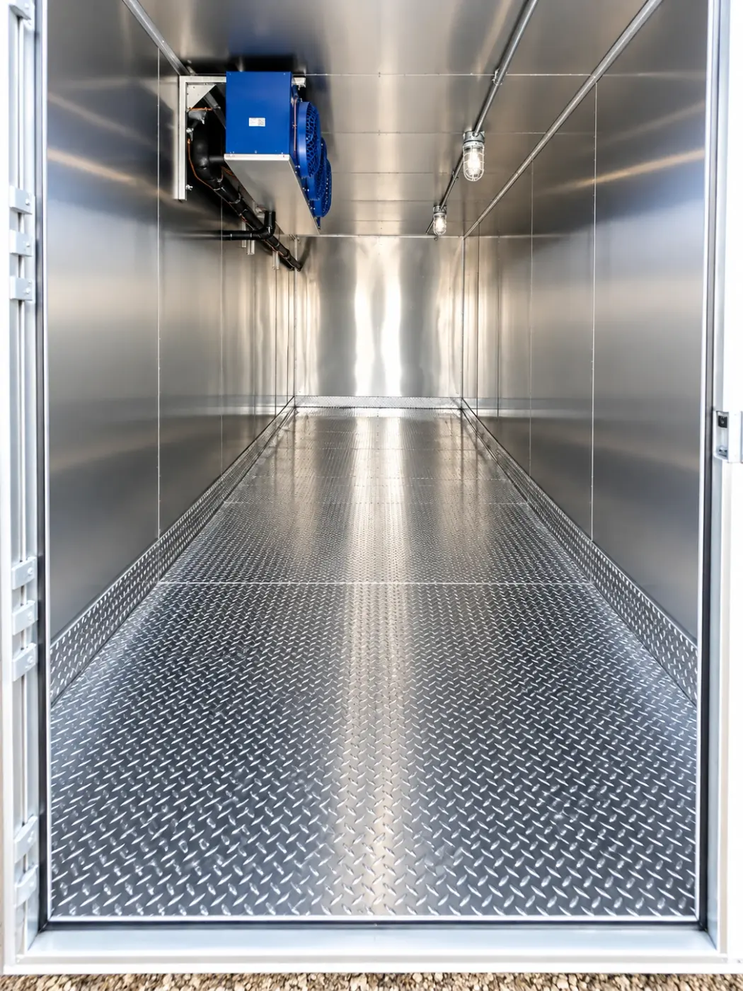 Stainless steel interior of a 12ft refrigerated trailer