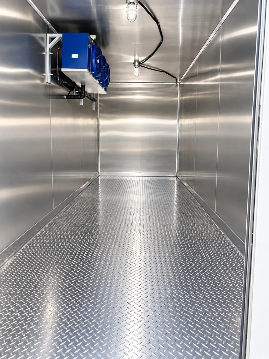 Stainless steel interior of a 20ft refrigerated trailer
