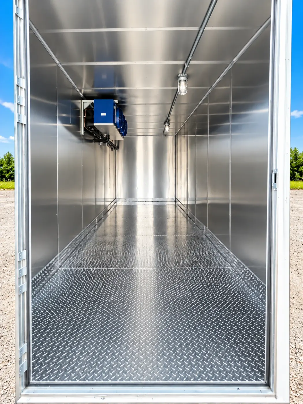 Empty cold storage interior of a 20ft refrigerated unit