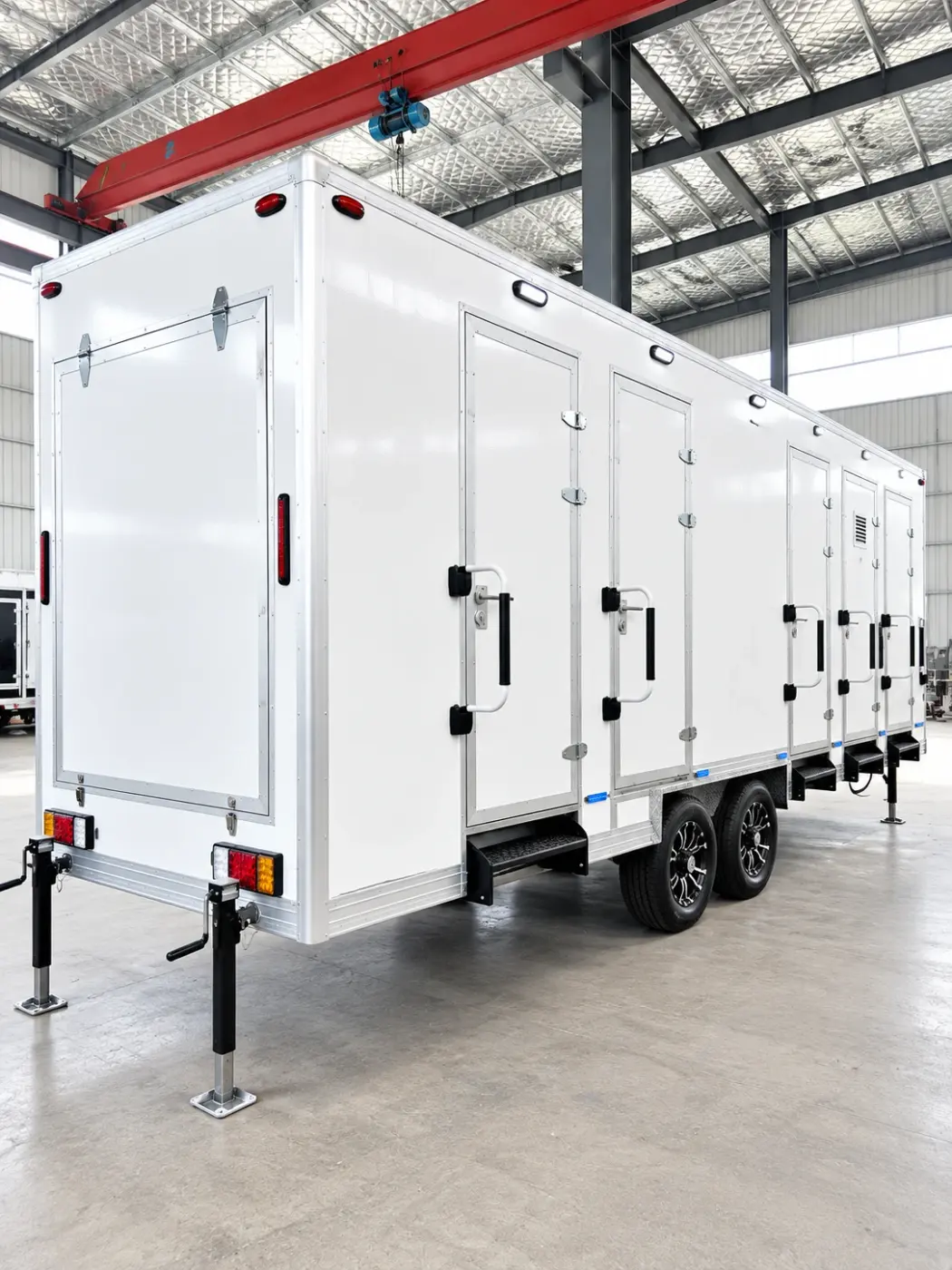 Exterior of a 20ft shower trailer with private shower stall doors