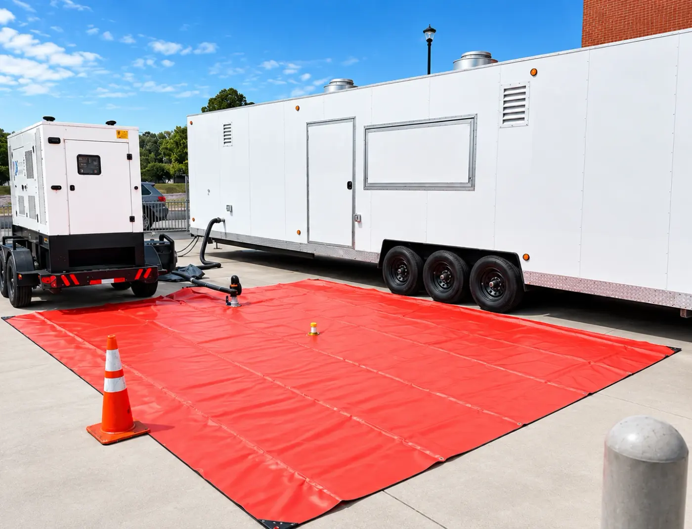 Wastewater bladder bag and pump set up beside a trailer on a containment mat