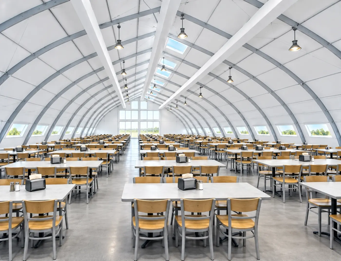 Rows of tables in a large temporary dining hall