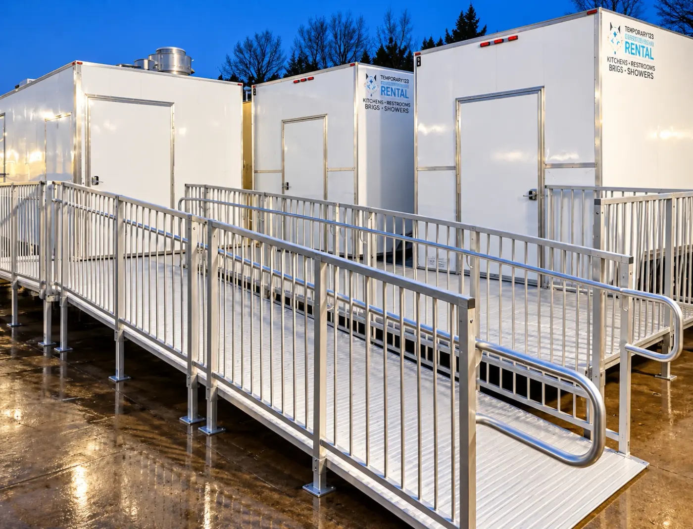 Handrailed ramp network between temporary facility trailers