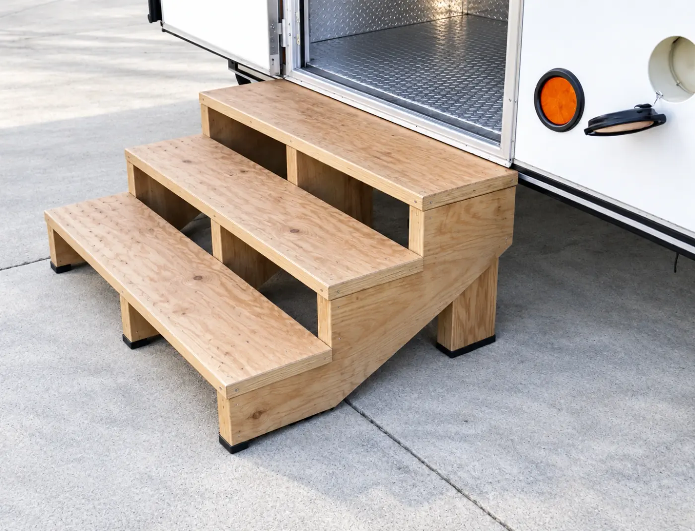 Wooden entry stairs at a commercial trailer door