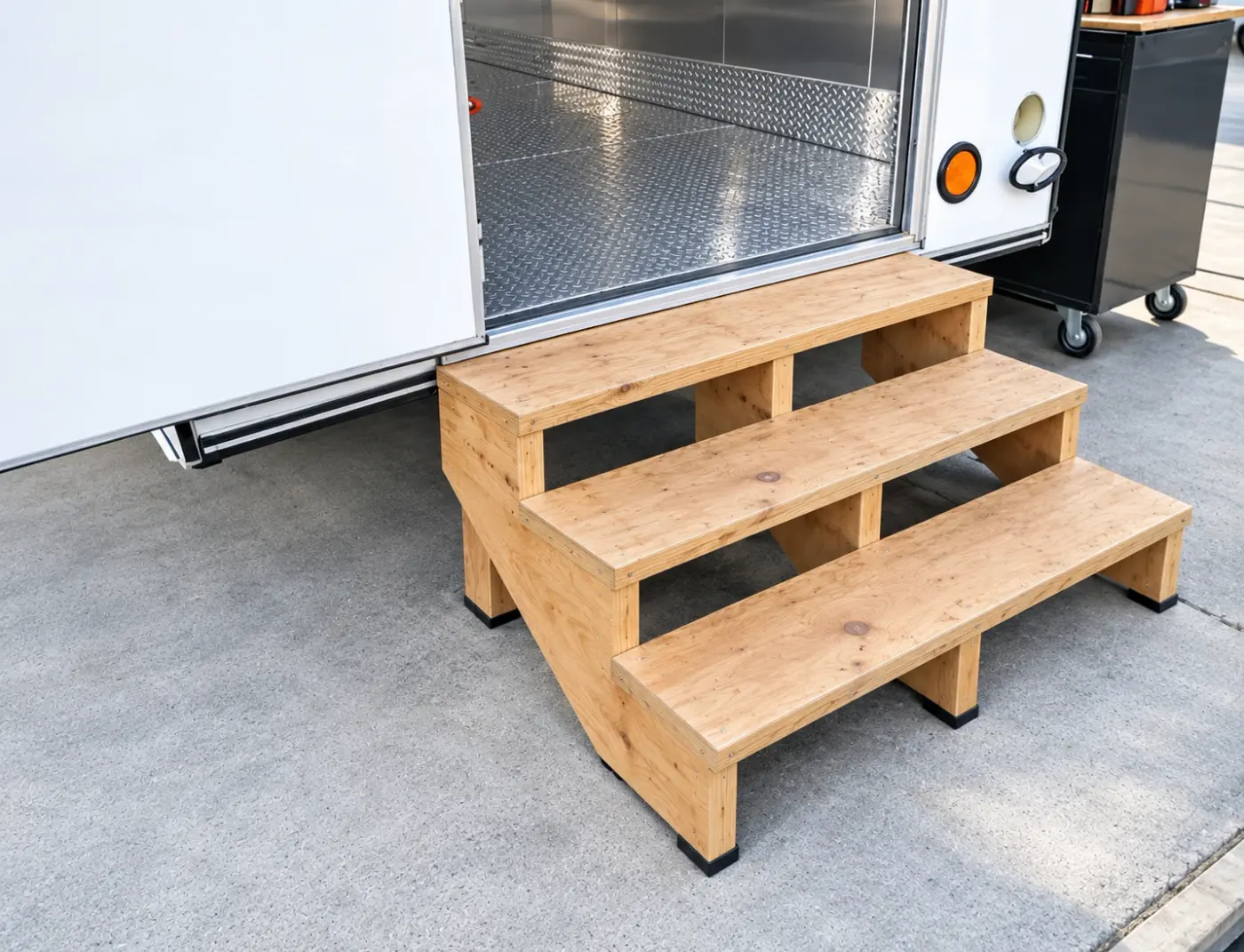 Wooden entry steps at a temporary trailer door