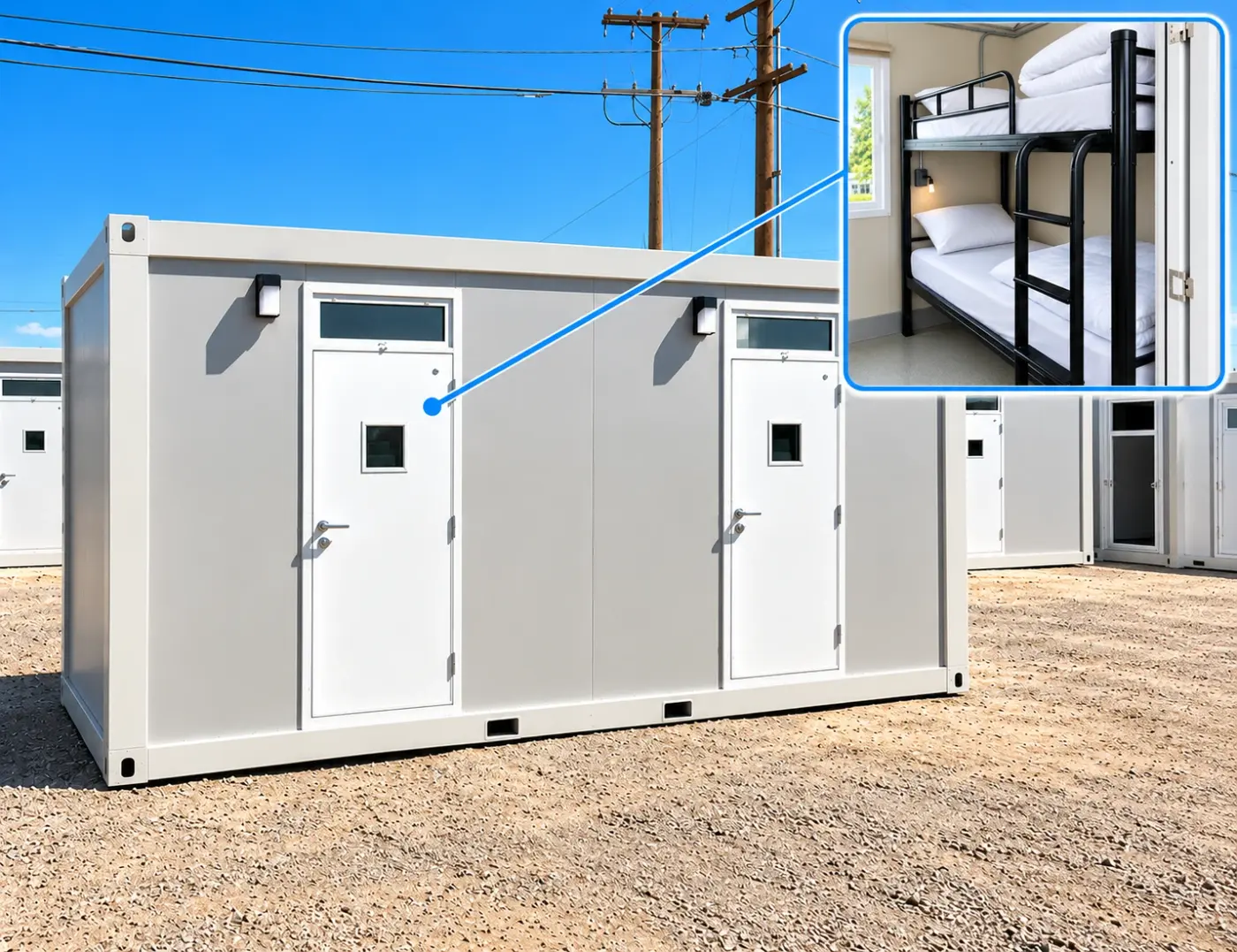 Exterior of a two-stall sleeper container with a bunk room shown in an inset