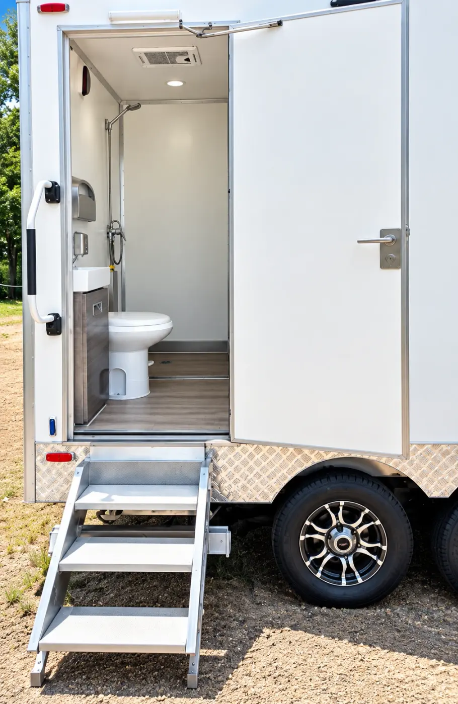 Entry steps and open door of a shower and restroom stall