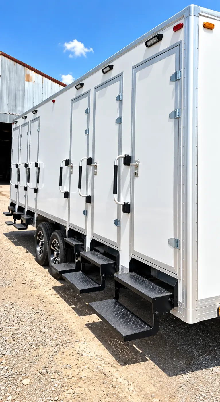 Side of a 22ft six-stall shower and restroom trailer with entry steps