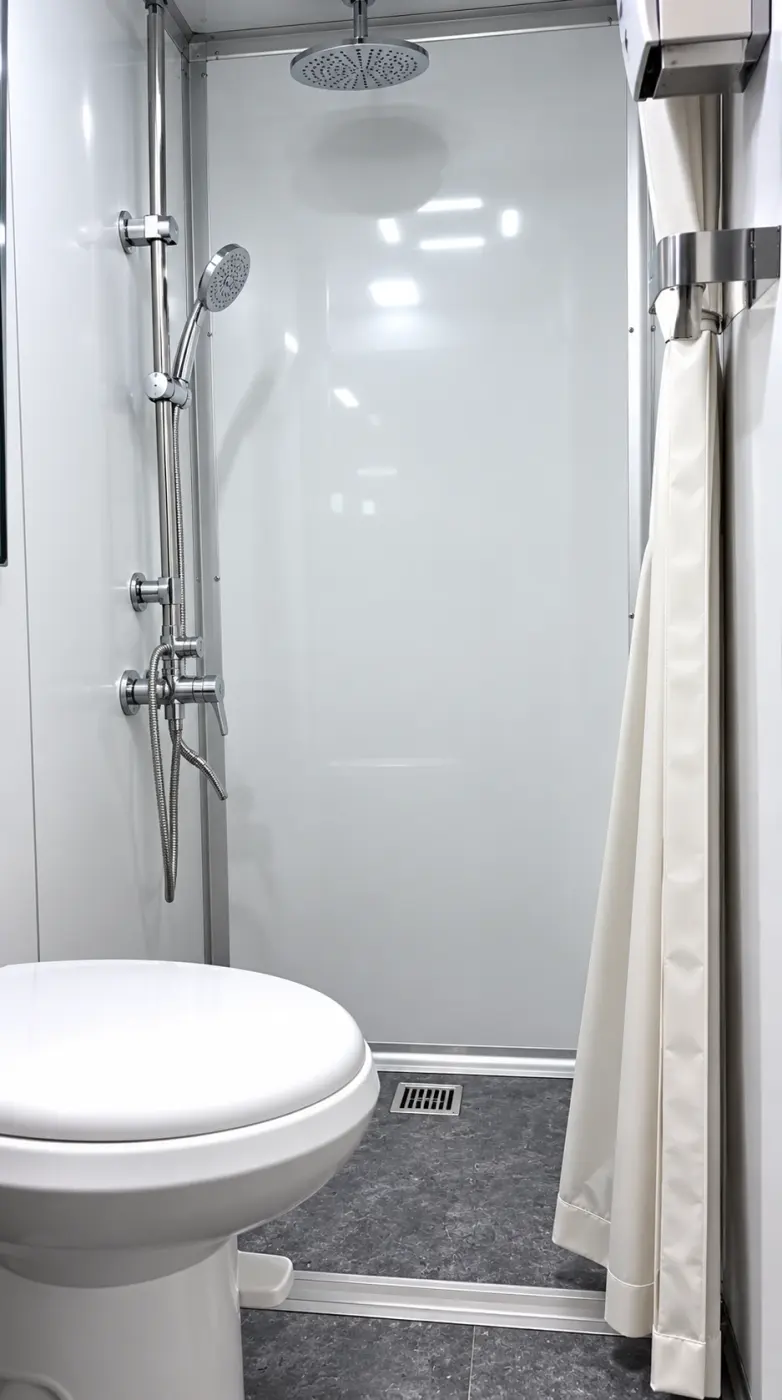 Shower and restroom stall with toilet and shower, entered by steps