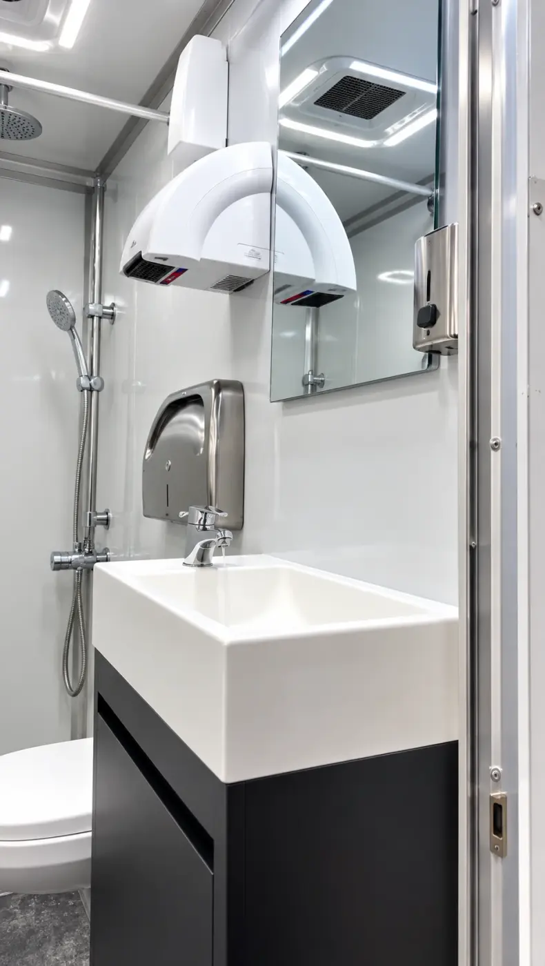 Sink vanity and mirror inside a shower and restroom trailer stall