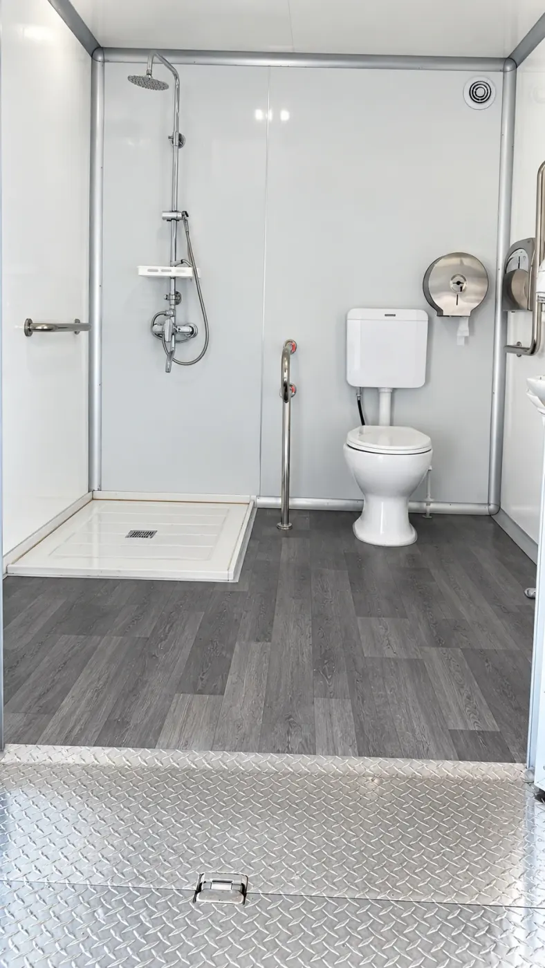 Shower and restroom stall interior with accessible-style fixtures
