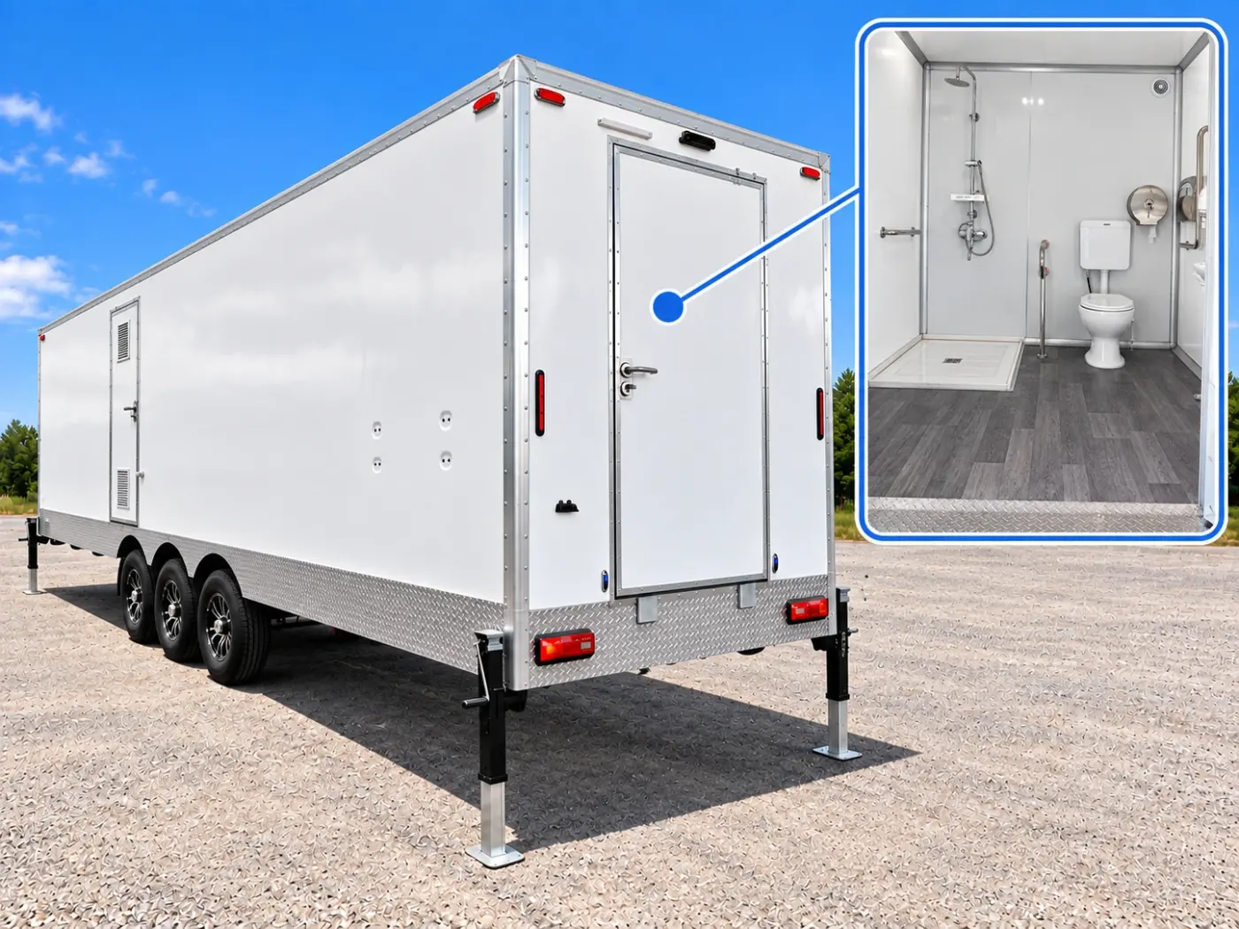 Shower and restroom combination trailer with an interior stall shown in an inset